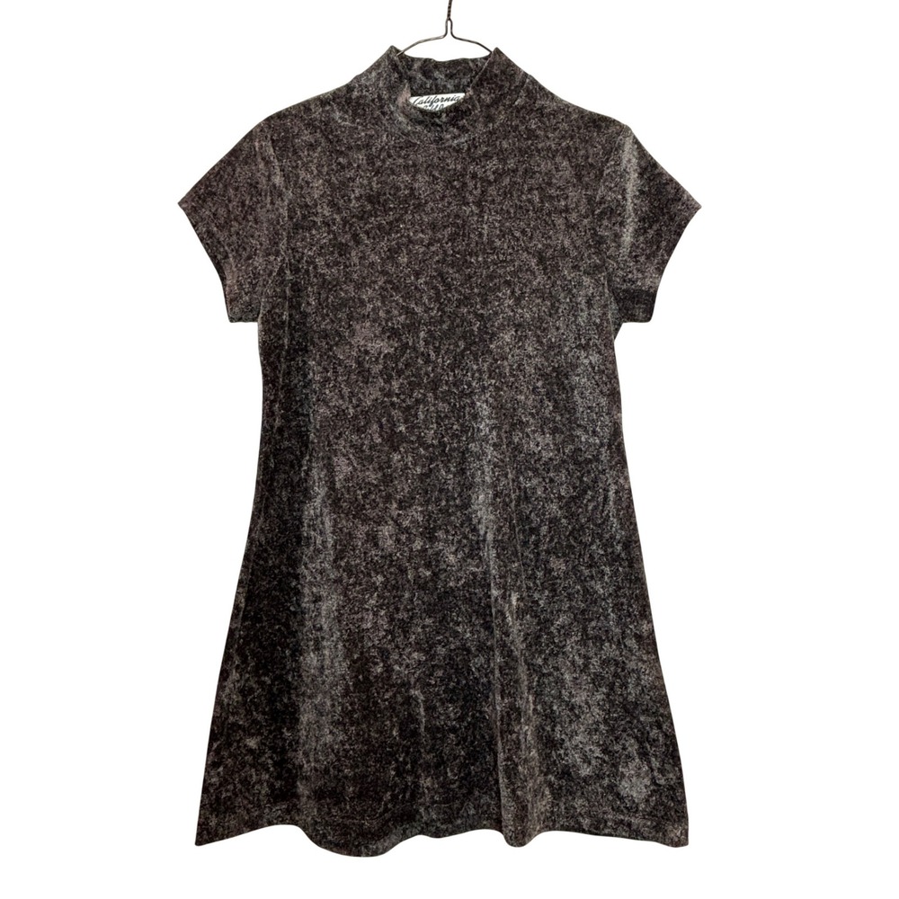 y2k Skater Mini Dress Womens Medium M Grey Acid Wash Mock Neck A-Line Indie Alt